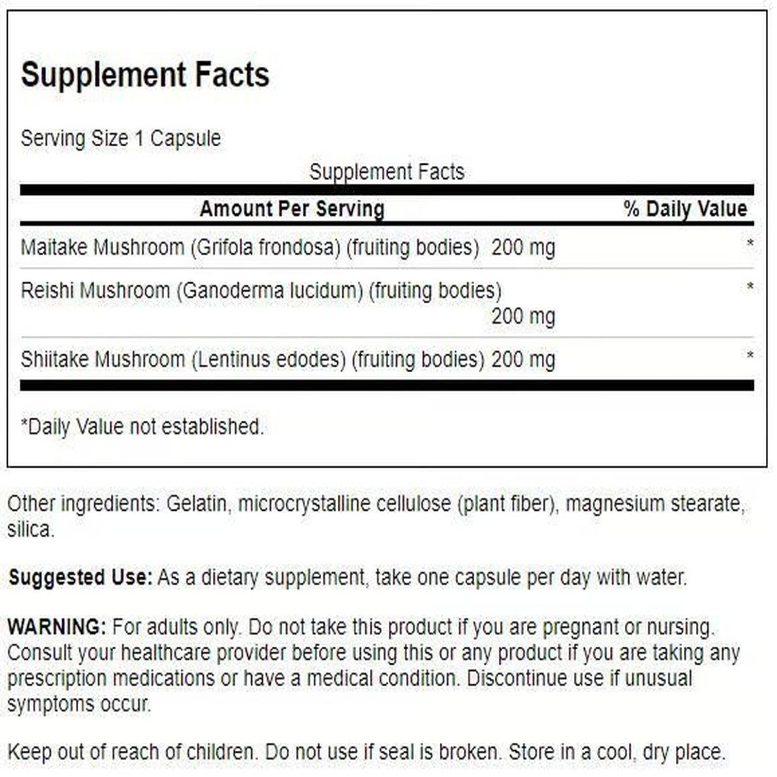 Close-up of Swanson capsules highlighting the triple mushroom blend for daily energy