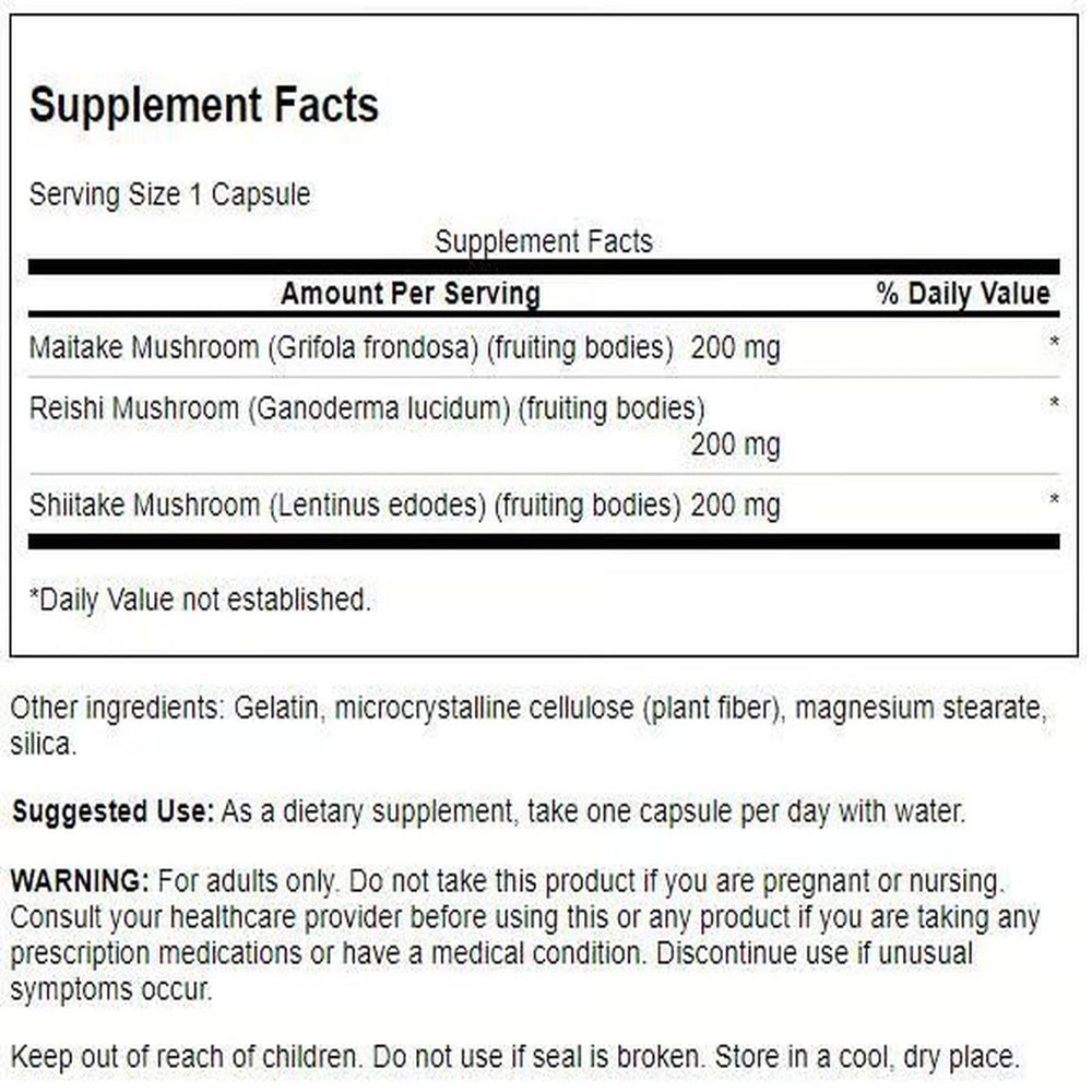 Close-up of Swanson capsules highlighting the triple mushroom blend for daily energy