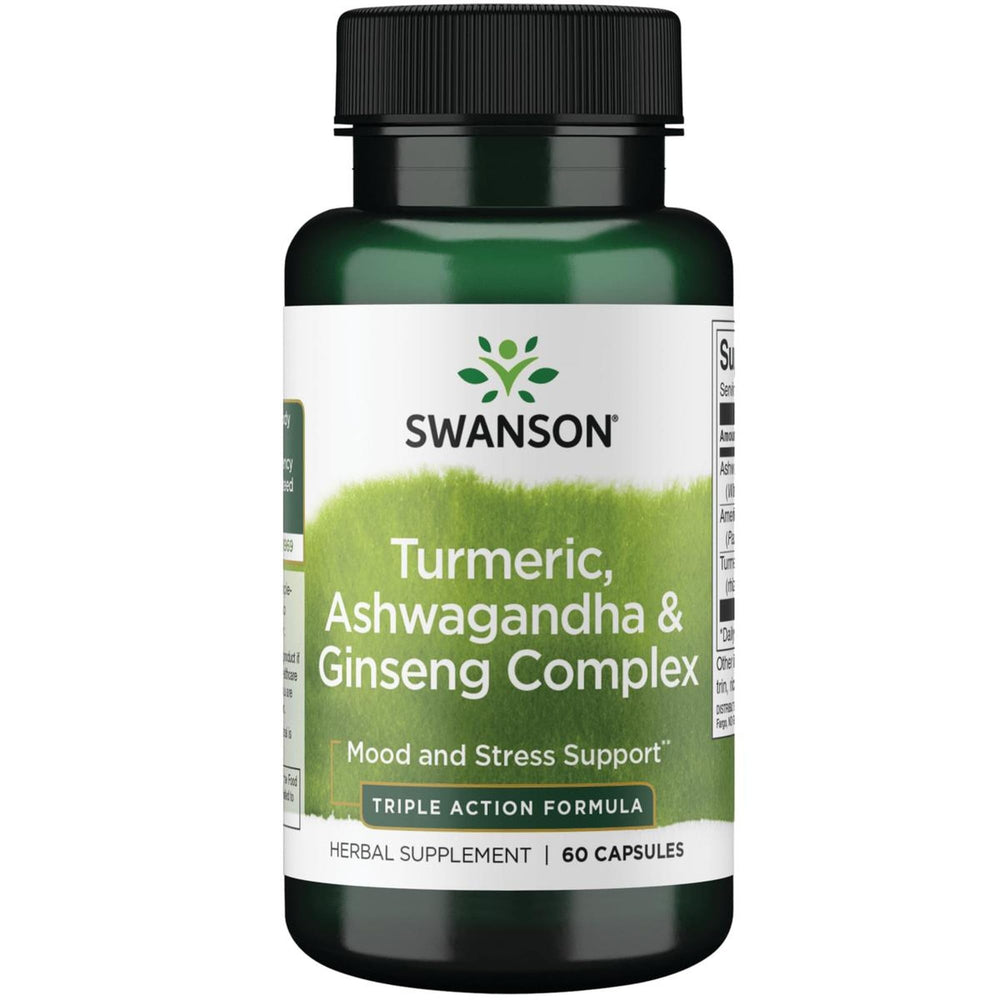Swanson Full Spectrum Turmeric Ashwagandha & Ginseng Complex bottle for daily use.