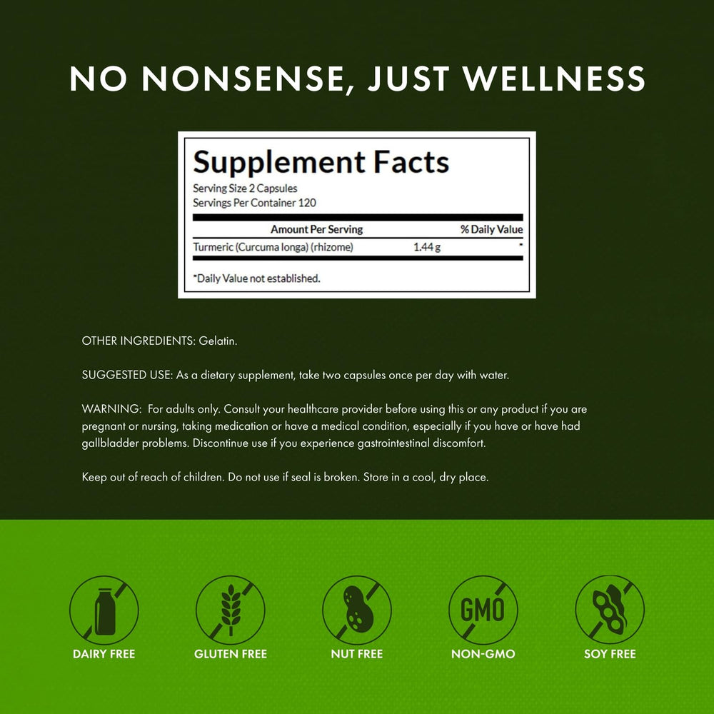 Swanson Full Spectrum Turmeric label view emphasizing non-GMO gluten-free