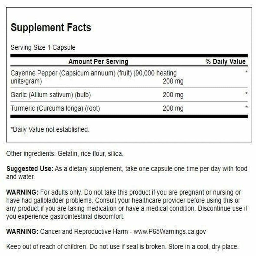 Swanson full-spectrum turmeric garlic cayenne label close-up showing ingredients