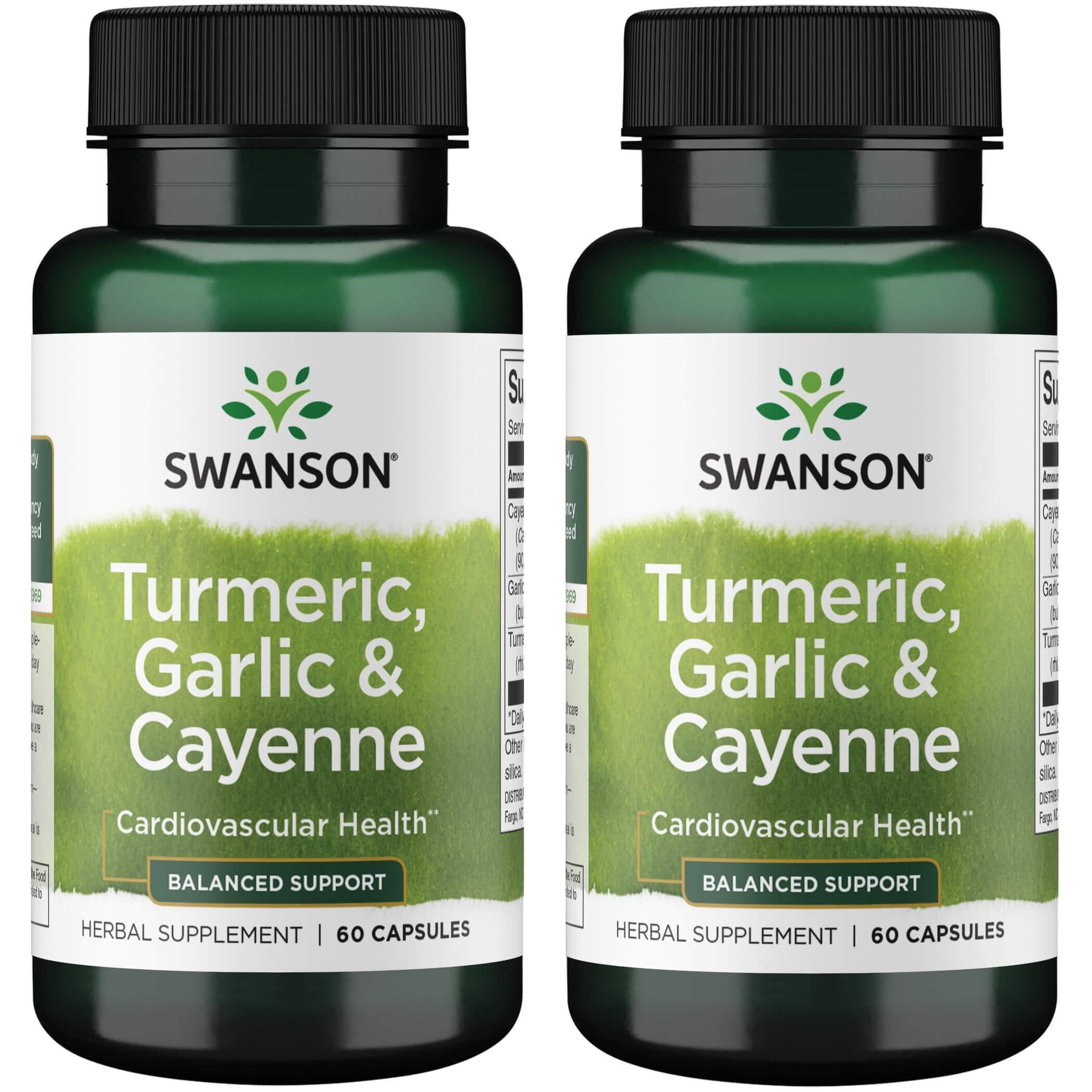 Swanson Full Spectrum Turmeric Garlic Cayenne bottle for easy-to-swallow capsules and potential cardiovascular support.