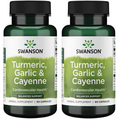 Swanson Full Spectrum Turmeric Garlic Cayenne bottle for easy-to-swallow capsules and potential cardiovascular support.
