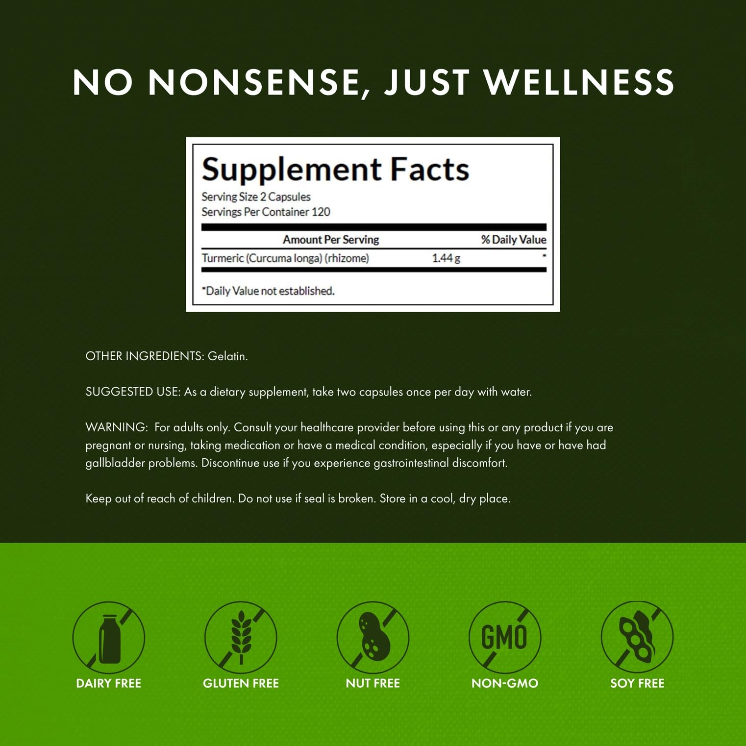 Label detail of Swanson Turmeric showing non-GMO and gluten-free features