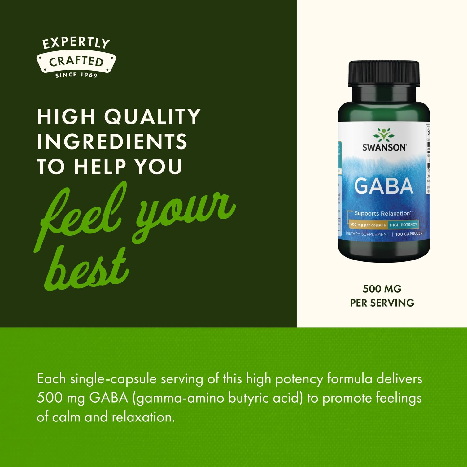 Swanson GABA bottle with plant-based ingredients indicating natural relaxation support.