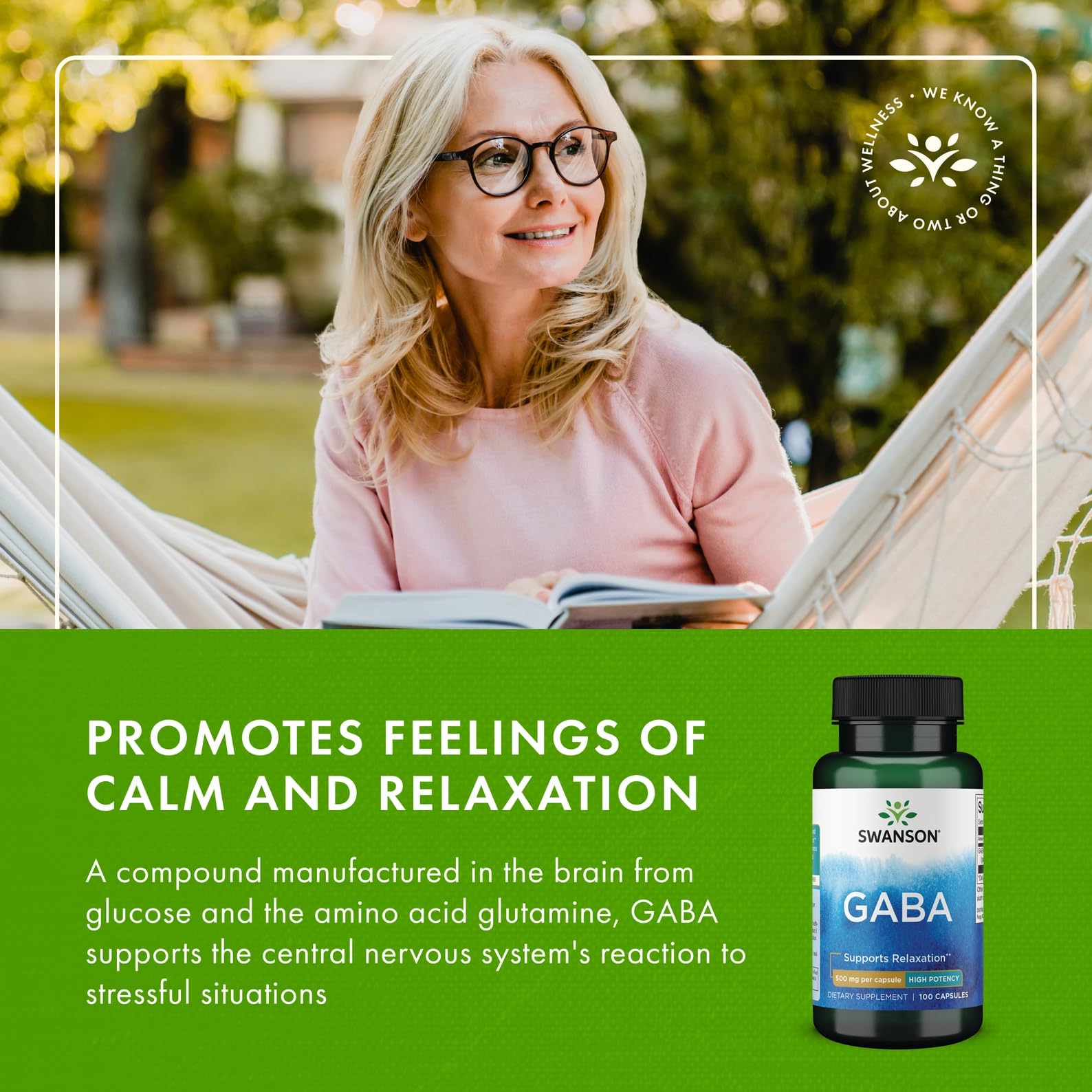 Swanson GABA calm and focus scene suggests stress relief potential.