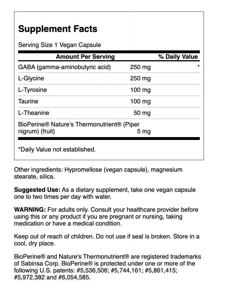 Swanson Gabaplex label close-up highlighting L-Theanine and L-Tyrosine ingredients.