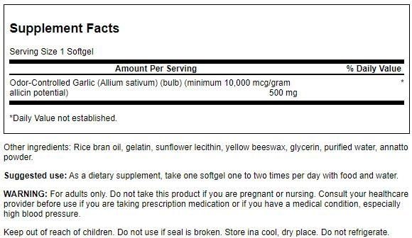 Swanson Garlic 500mg 60 sgels bottle back, odor-controlled capsules for daily use