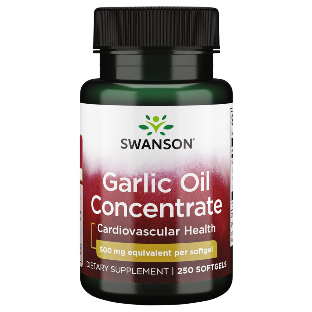 Swanson Garlic Oil bottle pour with 500 mg equivalent softgels for daily antioxidant support