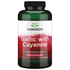 Swanson Garlic with Cayenne bottle front showing odor-controlled garlic capsules.