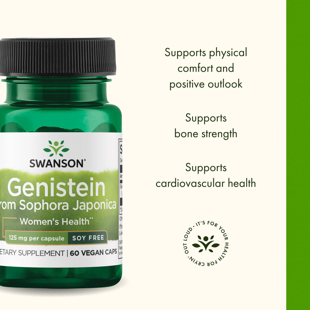 Swanson Genistein bottle side view for easy daily intake.