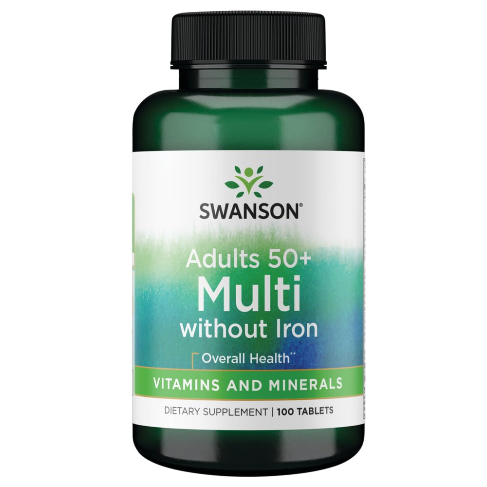 Swanson Geromulti without iron bottle showing daily senior wellness support