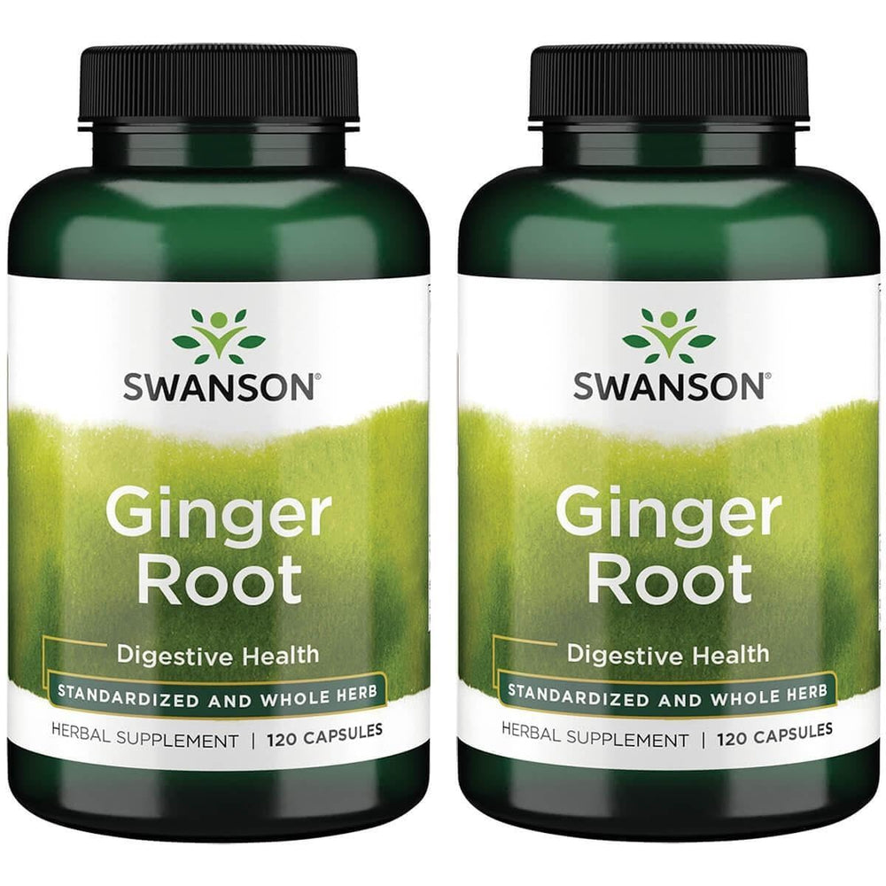 Swanson Ginger Root bottle with 120 capsules offering digestive support.