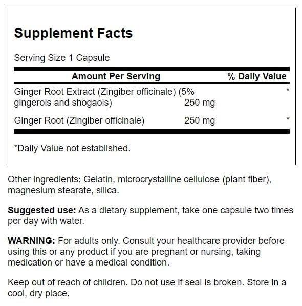 Swanson Ginger Root powder capsule closeup highlighting powdered ginger for daily use.