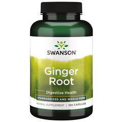 Swanson Ginger Root Standardized bottle showing five-percent gingerols for digestive comfort.