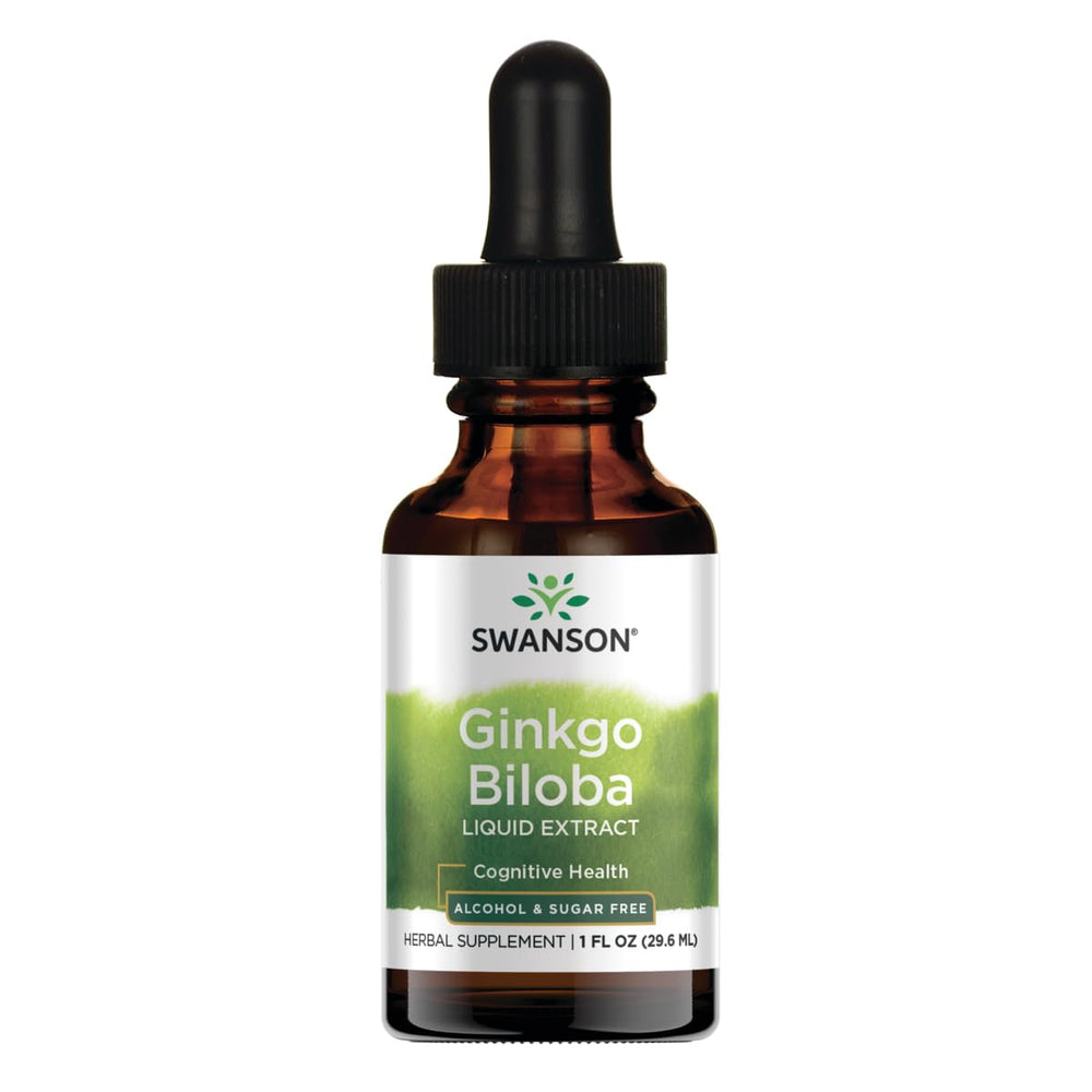 Swanson Ginkgo Biloba liquid bottle close-up, alcohol-free formula for easy dosing.