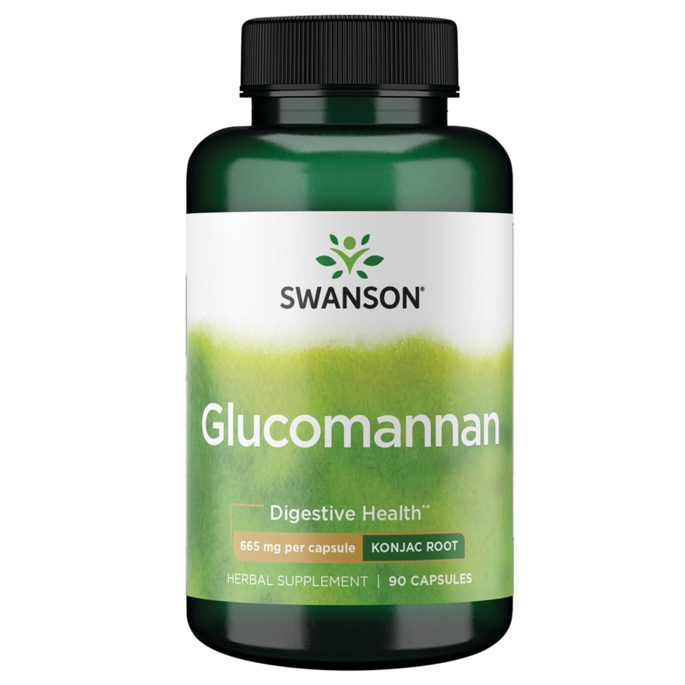 Swanson Glucomannan Konjac Root bottle on table highlighting daily fiber support.