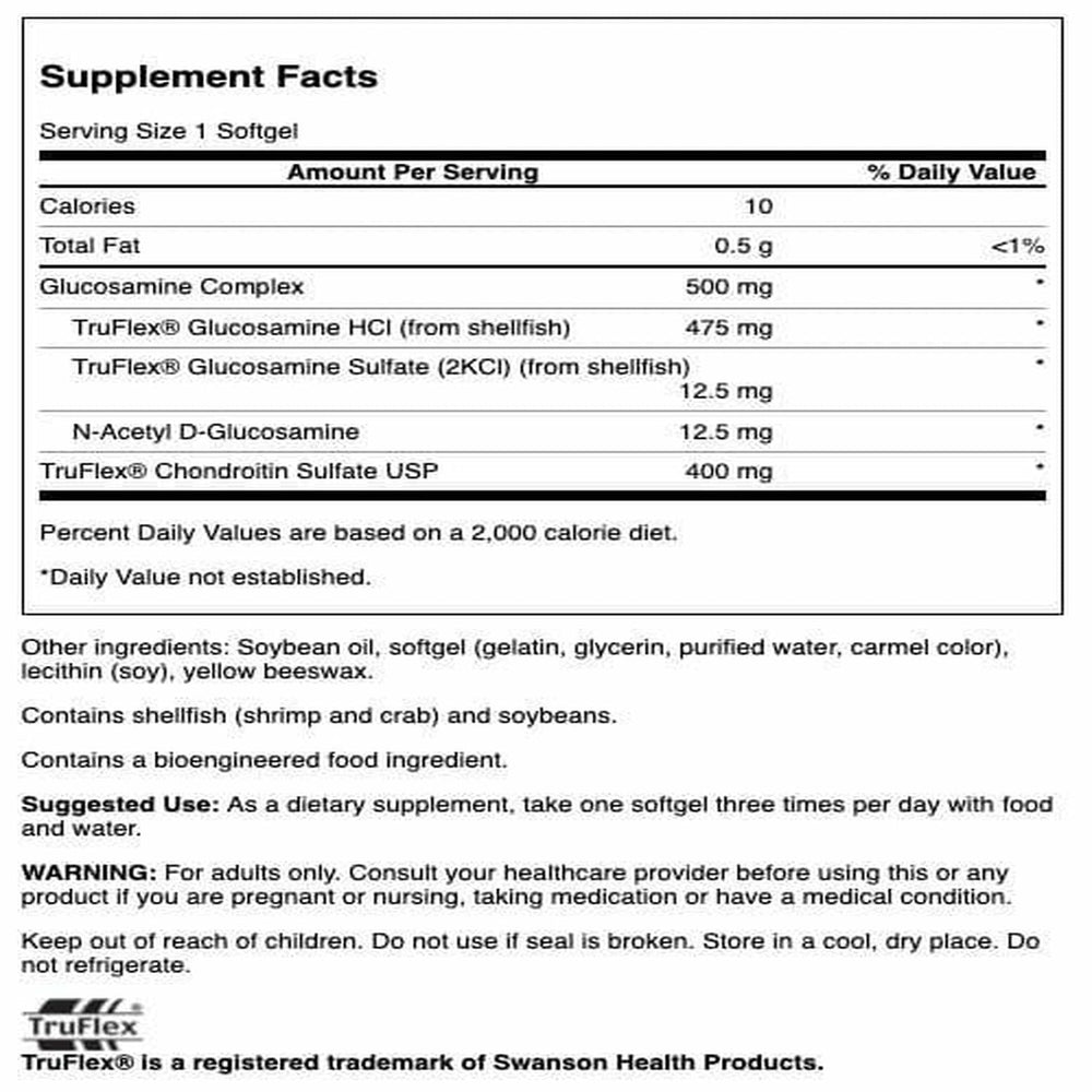 Swanson glucosamine chondroitin softgel closeup reveals capsule texture for daily mobility.
