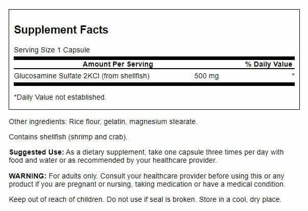 Swanson Glucosamine Sulfate bottle back label showing ingredients and dosage guidance.