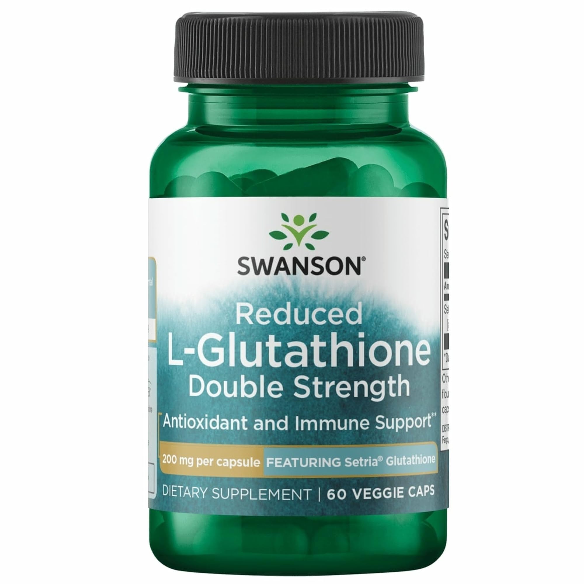 Swanson Glutathione 200 mg vegan capsules bottle for daily antioxidant support.