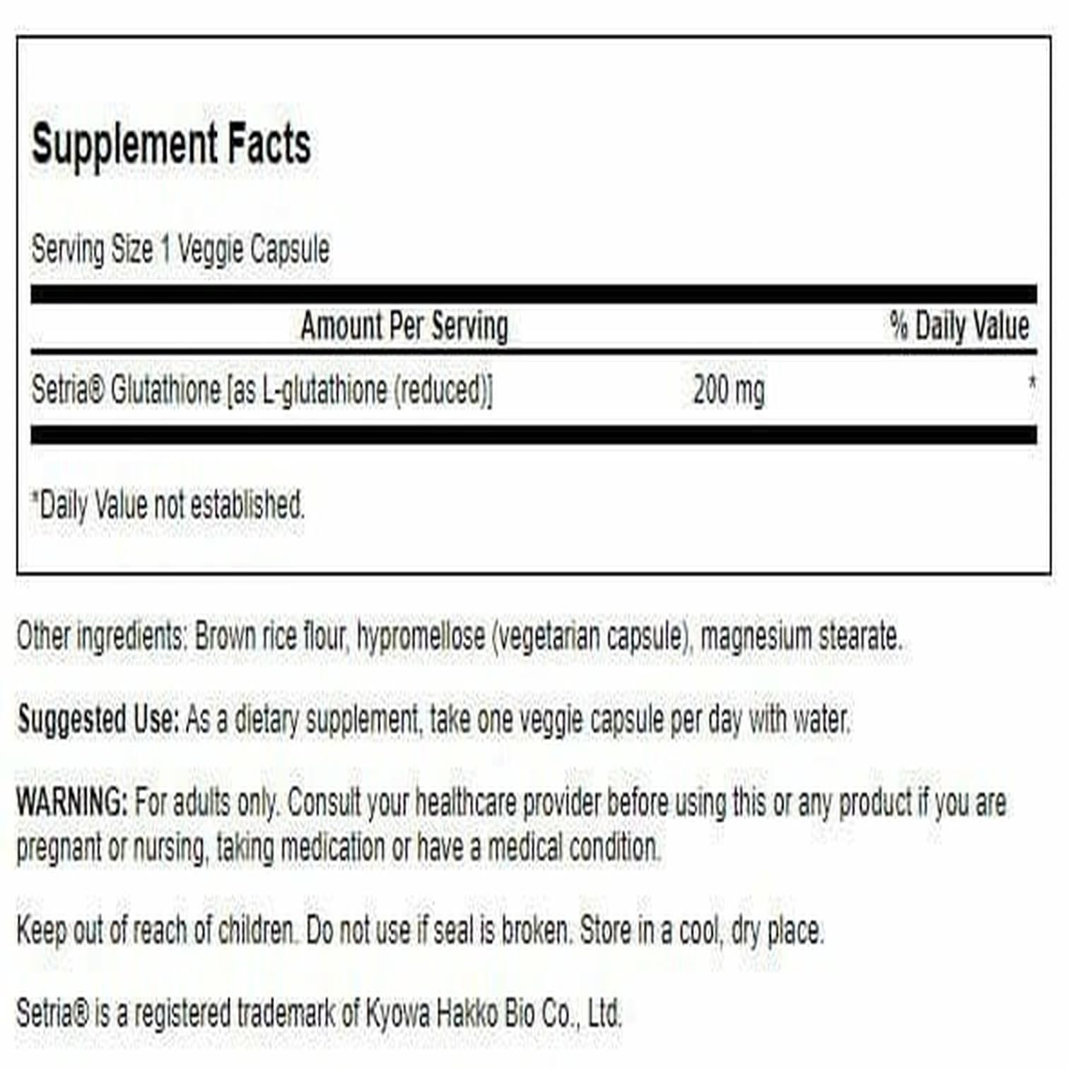 Swanson Glutathione 200 mg vegan capsules label highlighting Setria for bioavailability.