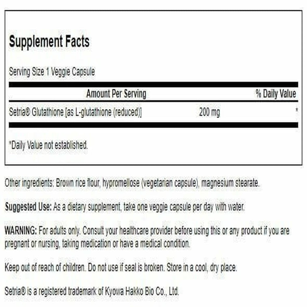 Swanson Glutathione 200 mg vegan capsules label highlighting Setria for bioavailability.