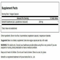 Swanson Glutathione 200 mg vegan capsules label highlighting Setria for bioavailability.
