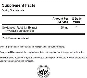 Close-up of Swanson Goldenseal Root label close-up, non-GMO heritage.