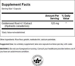 Close-up of Swanson Goldenseal Root label close-up, non-GMO heritage.