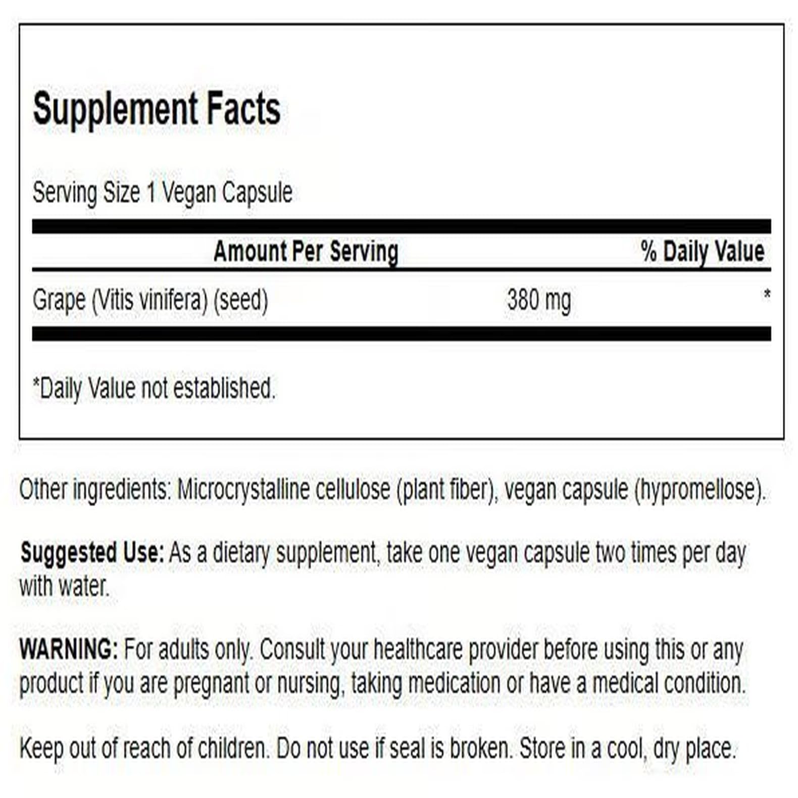 Swanson Grape Seed capsules closeup highlights the 380 mg potency for daily use.