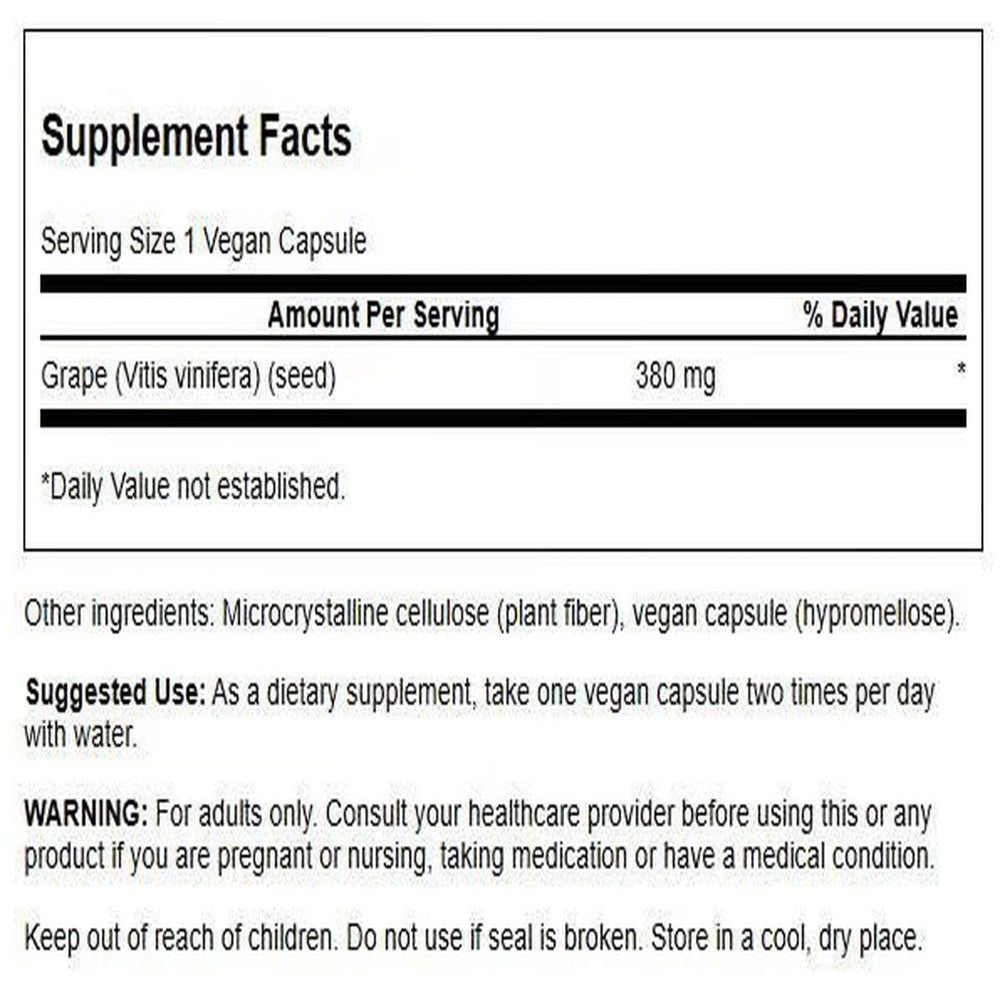 Swanson Grape Seed capsules closeup highlights the 380 mg potency for daily use.
