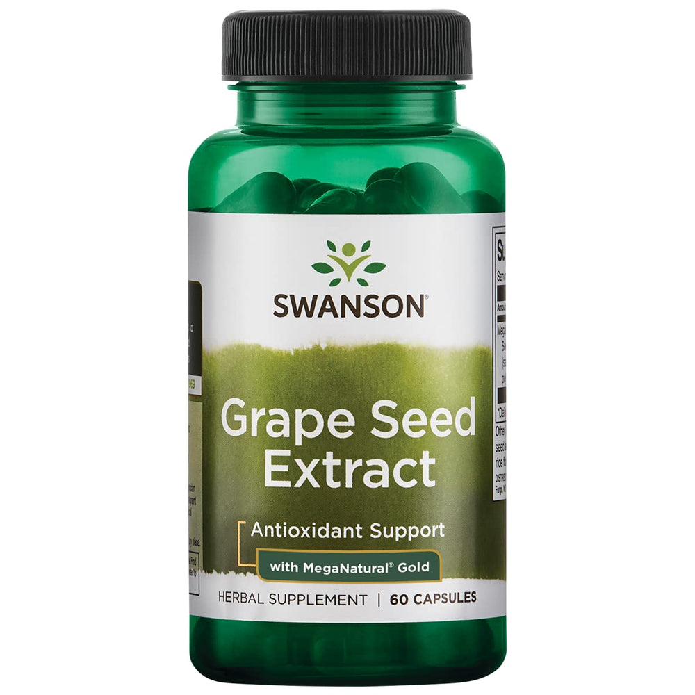 Swanson Grape Seed EXT Meganat bottle close-up highlighting 1 mg capsule for potential antioxidant support