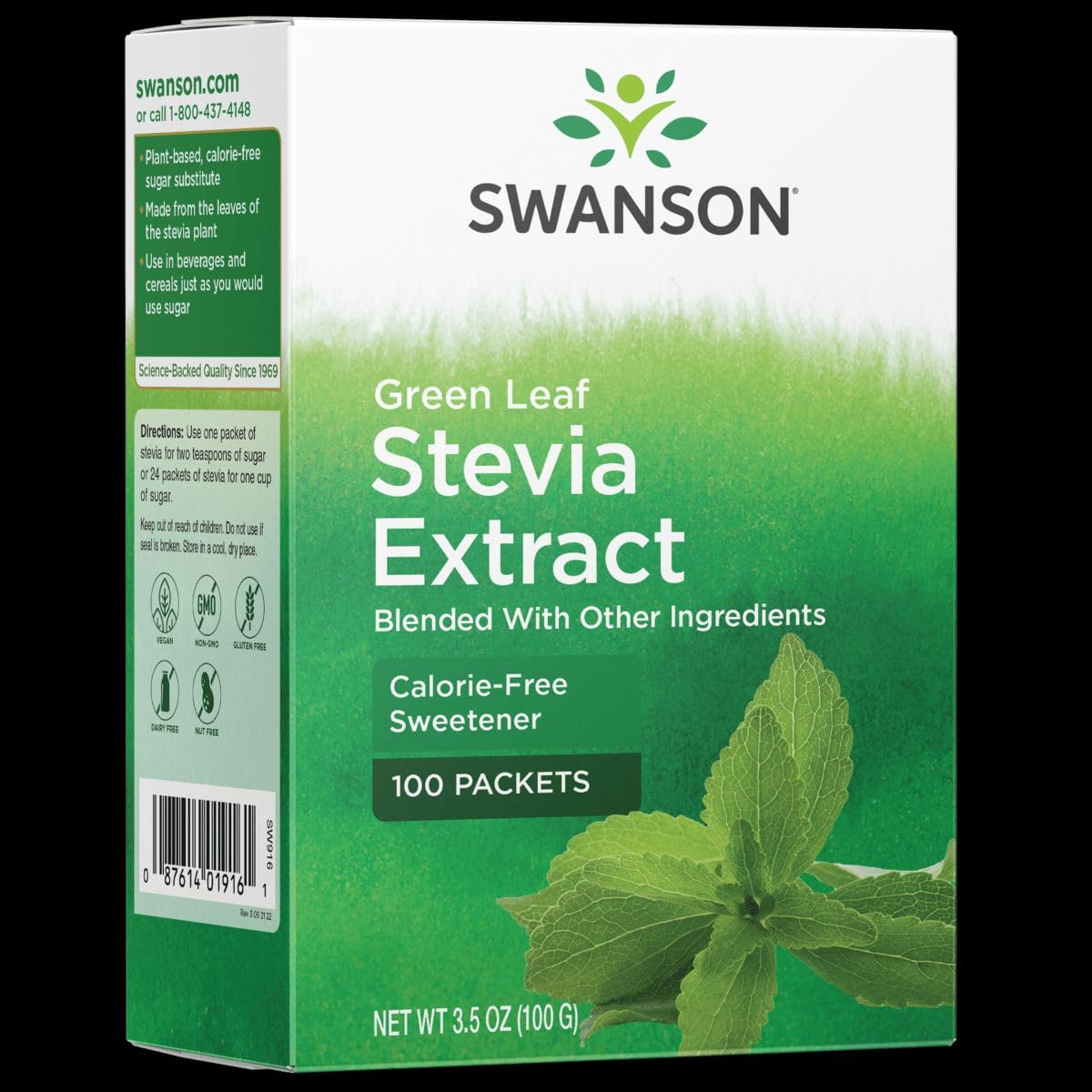 Swanson Green Leaf Stevia Extract packets for calorie-free sweetness in drinks.