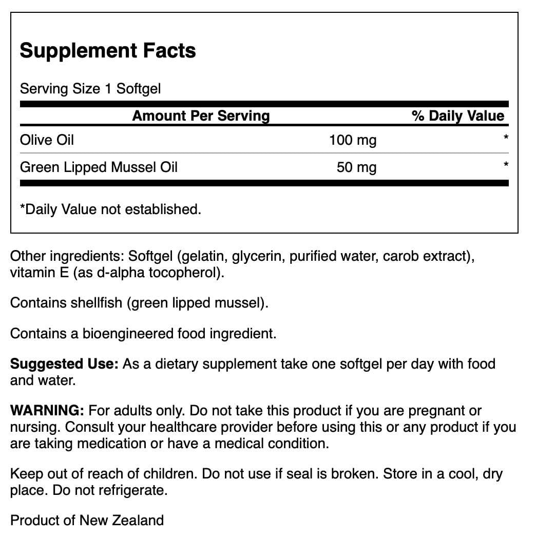Swanson Green Lipped Mussel Oil capsules image highlighting eco-friendly sourcing and potential brain, skin, heart support.