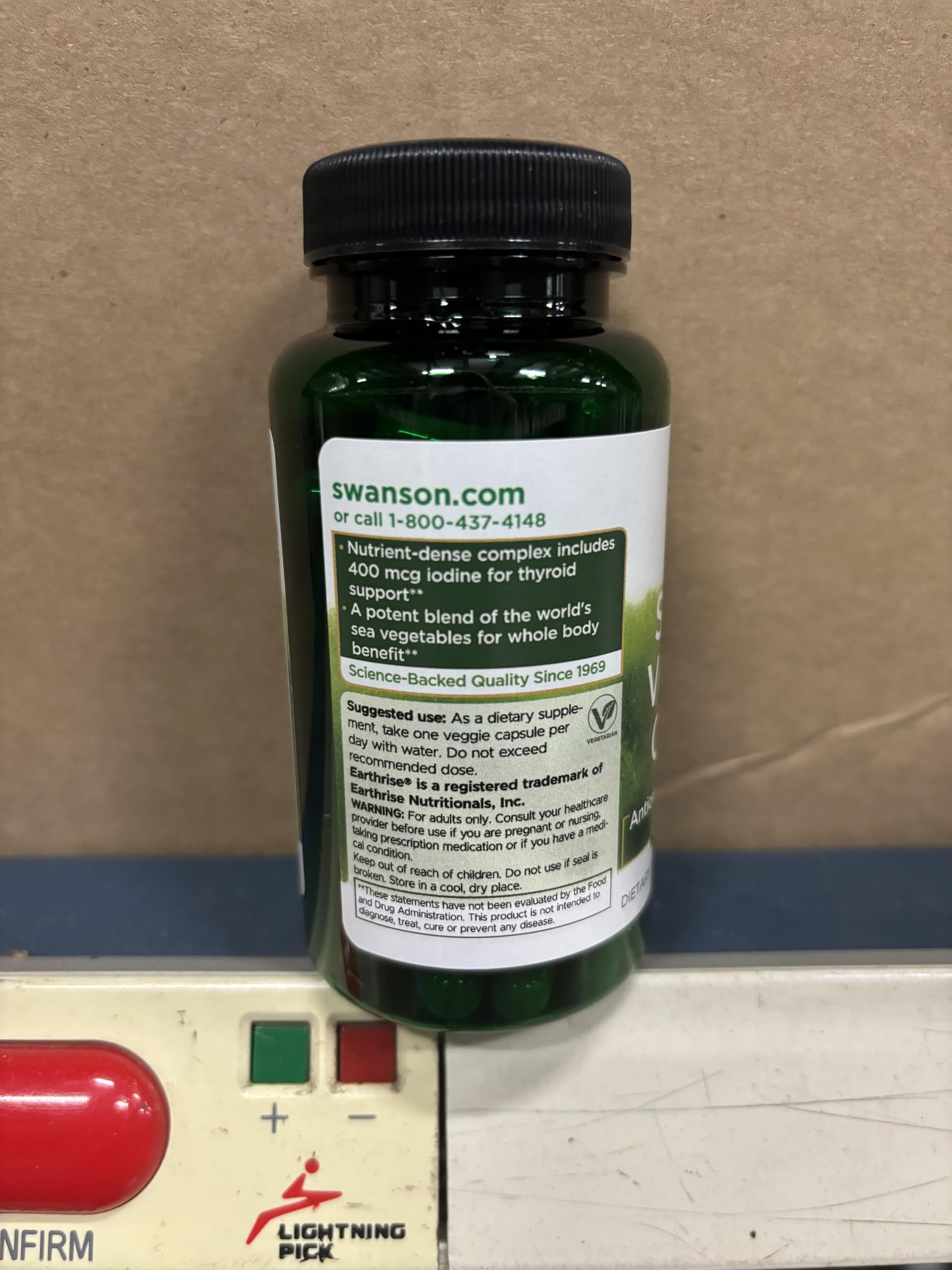 Swanson GRN Seaweed Vegetable CMPLX bottle on kitchen counter suggesting daily routine.