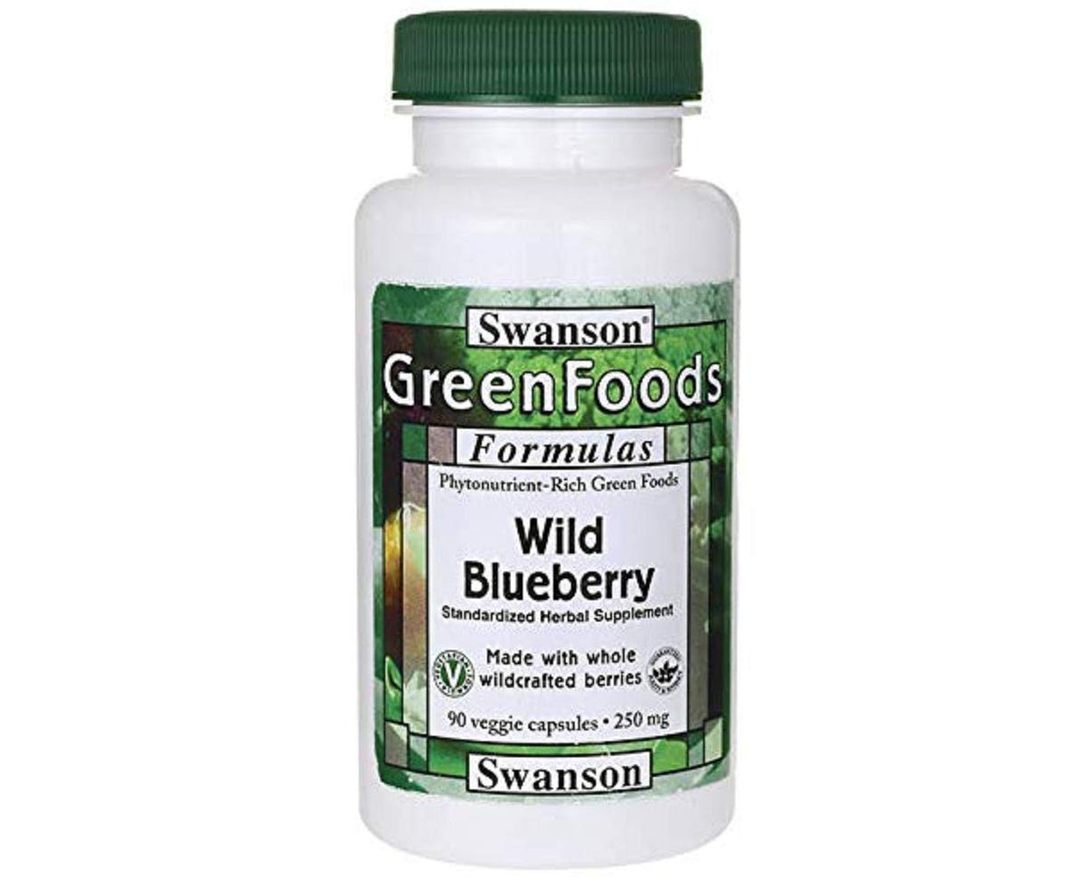 Swanson GRN Wild Blueberry bottle with 90 vegan capsules for daily antioxidant intake.