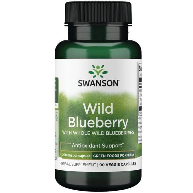 Swanson GRN Wild Blueberry capsules close-up highlighting vegan, non-GMO antioxidant dietary support.
