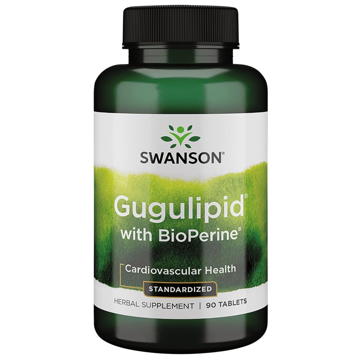 Swanson Gugulipid bottle close-up highlighting 2.5 percent guggulsterones and Bioperine for absorption.