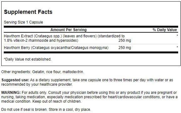 Swanson Hawthorn Extract capsules close-up showing standardized 250 mg formula for heart health use