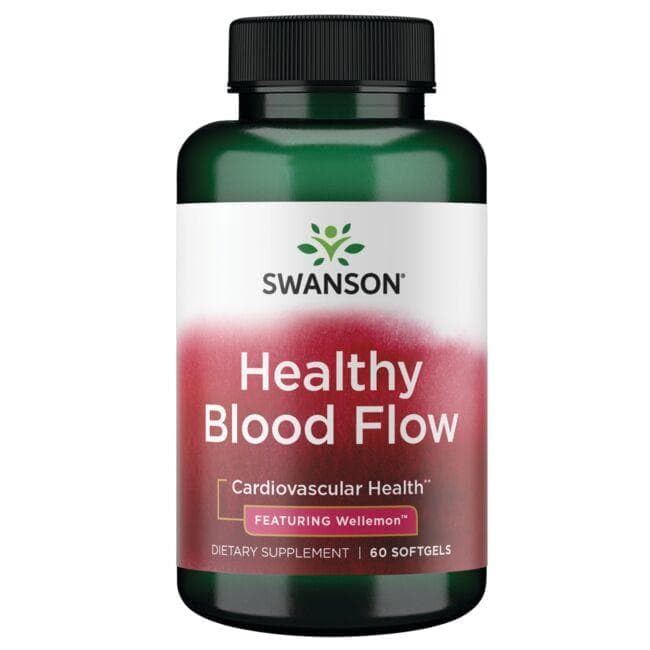 Swanson Healthy Blood Flow 60 SGELS bottle featuring gluten-free claim and clear labeling.
