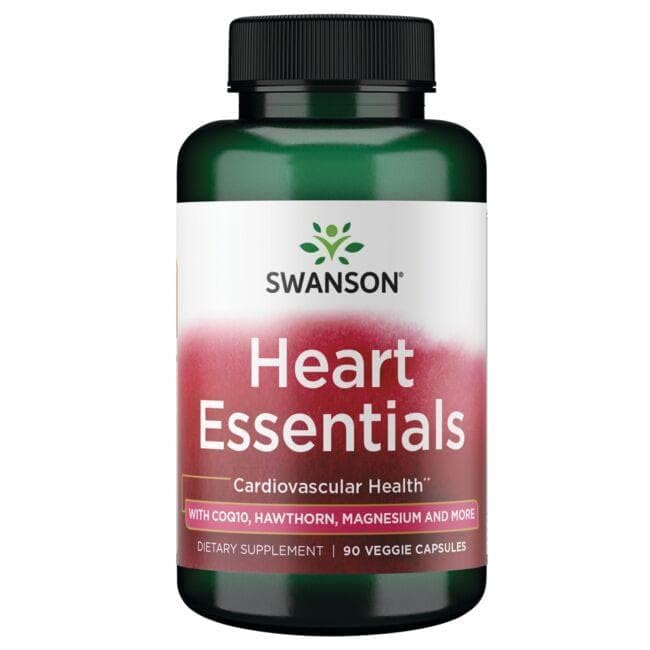 Swanson Heart Essentials bottle closeup showing capsule shape and packaging.