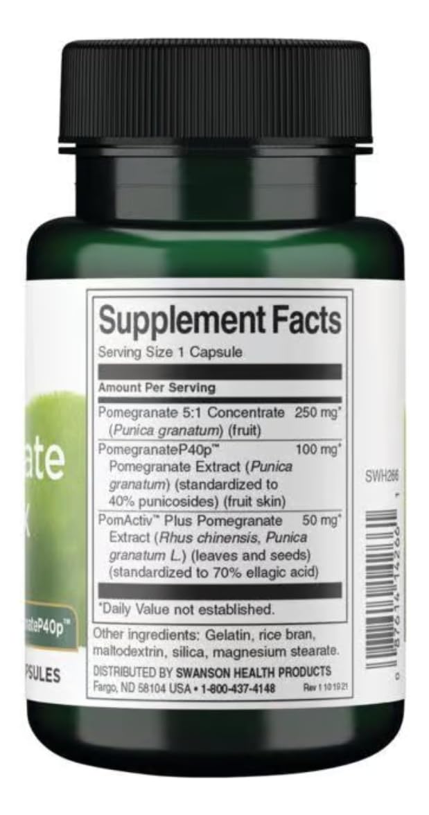Swanson Herb Pomegranate Complex capsules close-up shows convenient daily supplement.