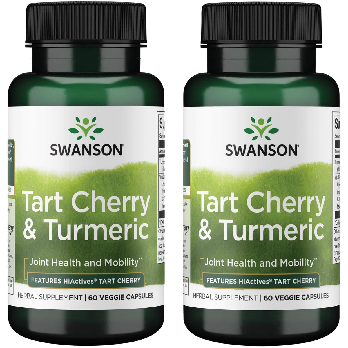 Swanson Hiactives Tart Cherry & Turmeric capsules bottle close-up for joint support and antioxidant wellness