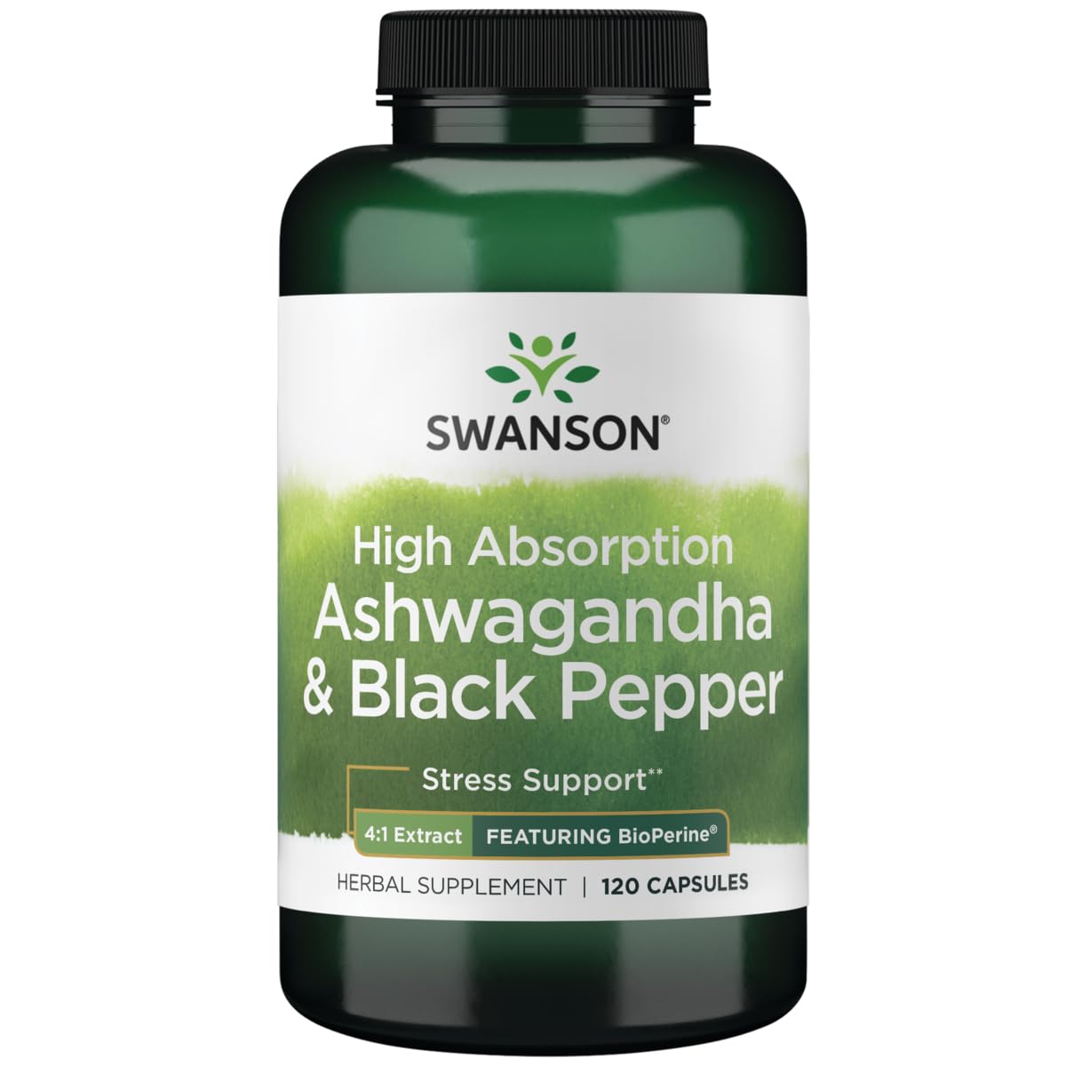 Swanson High Absorption Ashwagandha bottle supports daily stress comfort.