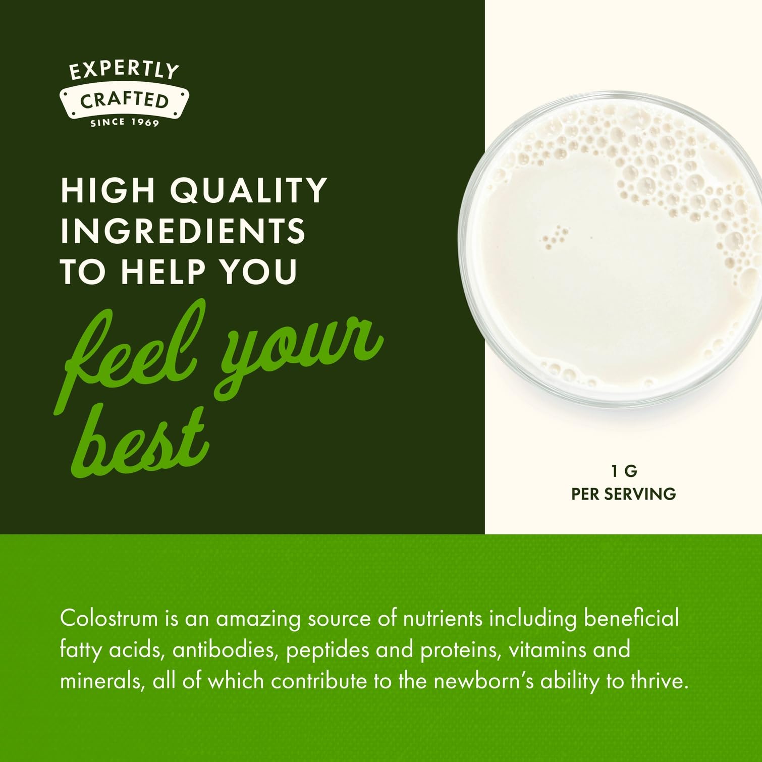 Swanson High Ig Colostrum 500mg label close-up highlights GMP and testing.