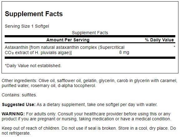 Swanson Astaxanthin 8 mg 30 sgels label highlights science-backed formulation and quality testing.