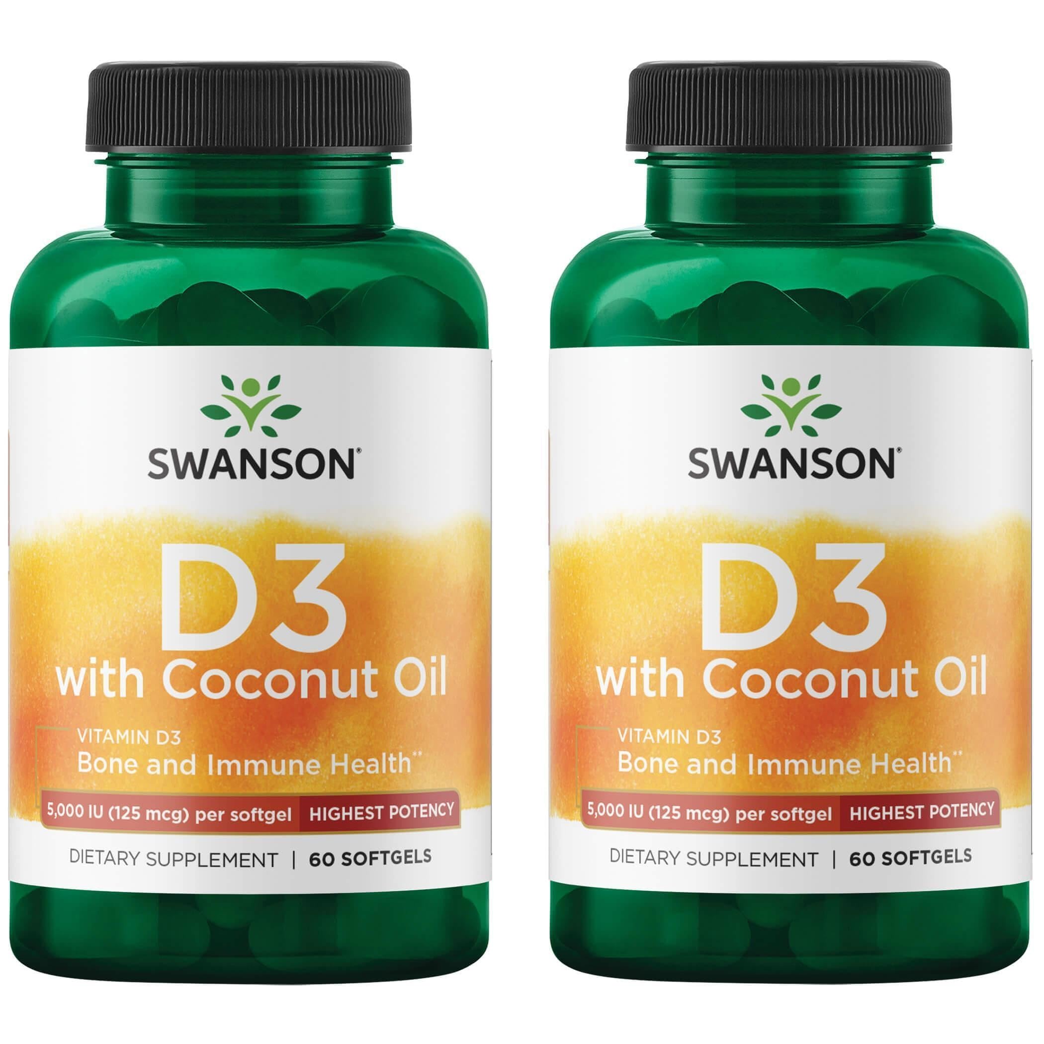 Swanson high-potency D-3 coconut softgel bottle for bone health support.