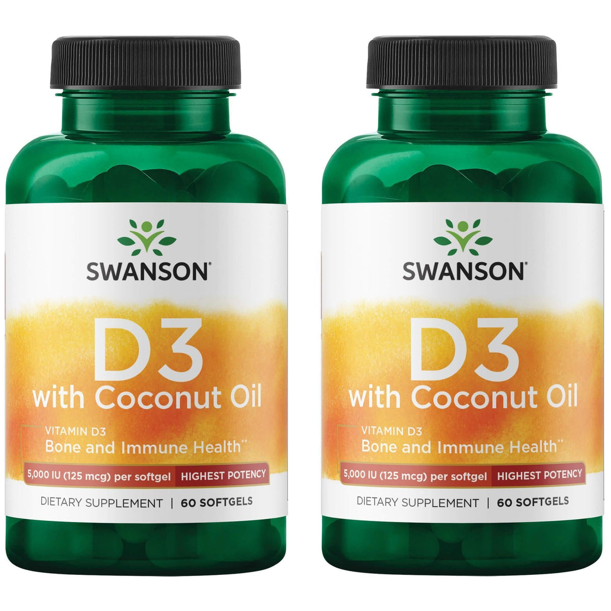 Swanson high-potency D-3 coconut softgel bottle for bone health support.