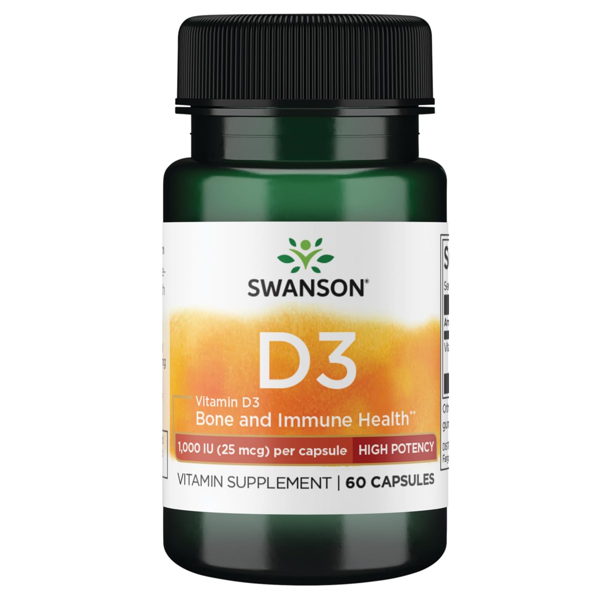 Swanson high-potency Vitamin D-3 1000 IU bottle supports calcium absorption and immune wellness.