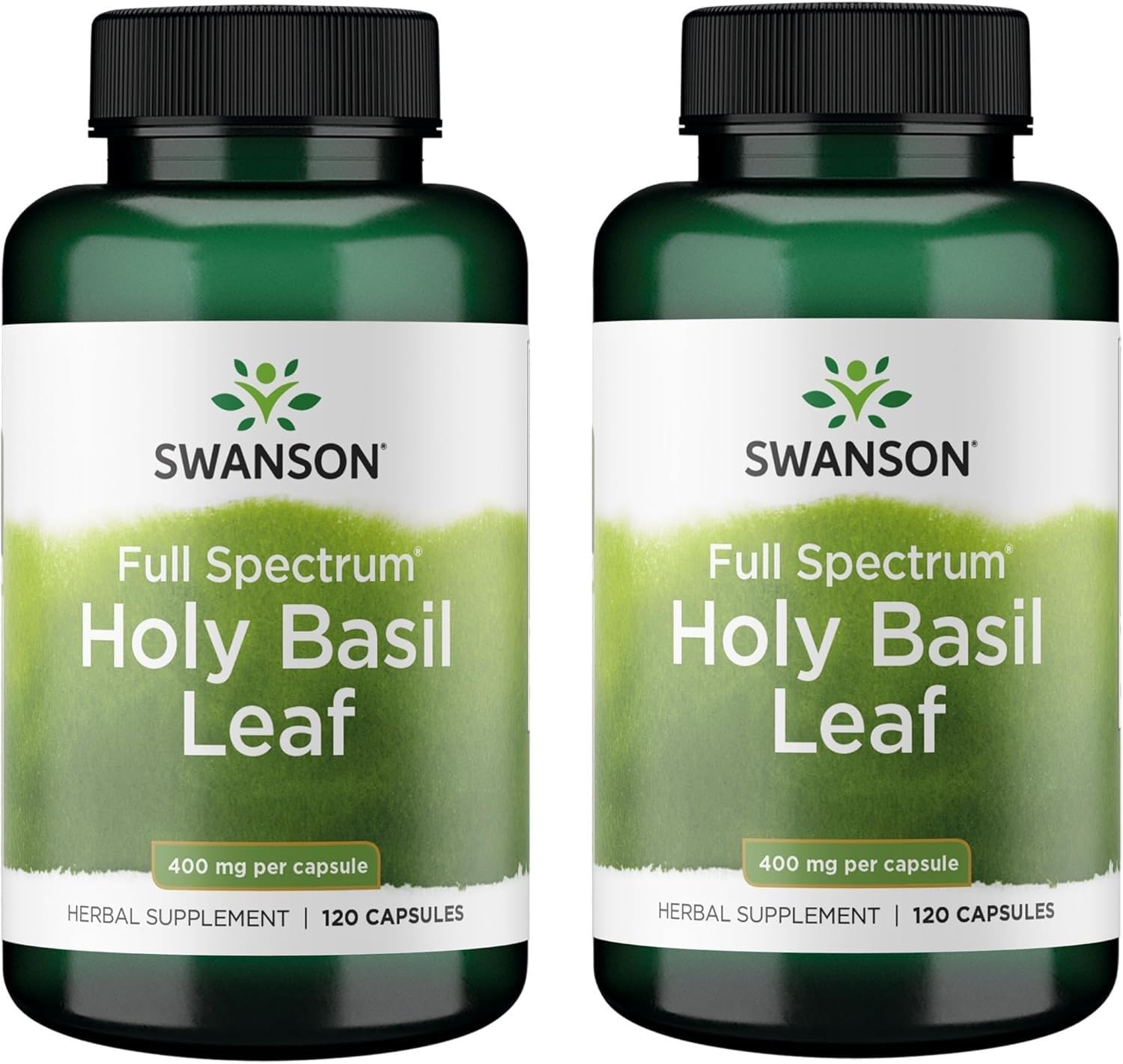 Swanson Holy Basil Leaf bottle with capsules for daily stress support.